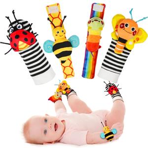 Infinno Baby Wrist Rattle Socks and Foot Finder Set, Perfect Baby Toys for 0-12 Months Newborn Boys and Girls As Shower Gifts, Garden Bug Series (Warm Color)