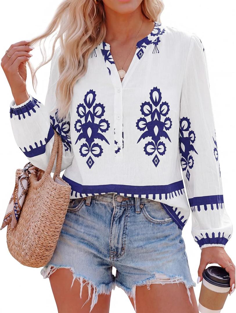 BTFBM Womens Tops Spring Casual Long Sleeve Shirts Button Up V Neck Bohemian Blouses Loose Tunics Vacation Outfits (White, S)