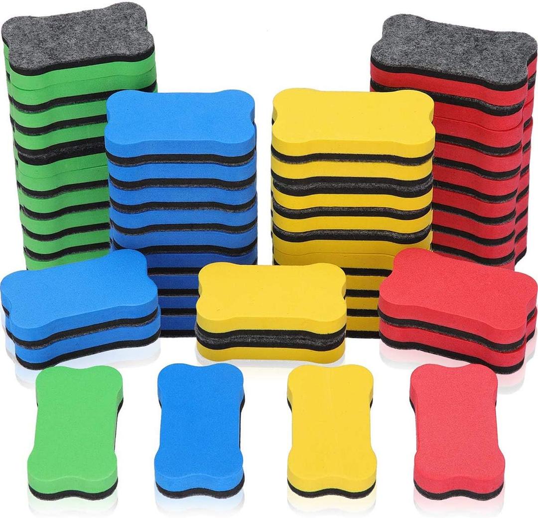 Outus 48 Pieces Magnetic Whiteboard Dry Eraser Office Erasers Bone Shaped Dry Erasers Fit for Home and Office, Red, Yellow, Blue and Green