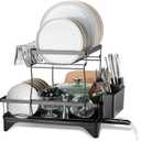 E-far Dish Drying Rack for Kitchen Counter, 2 Tier Small Dish Drainer Drying Rack, 16.7" x 11.8" x 13.9" Metal Organizer with Drainboard and Utensil Holder, Large Capacity & Space Saving, Black