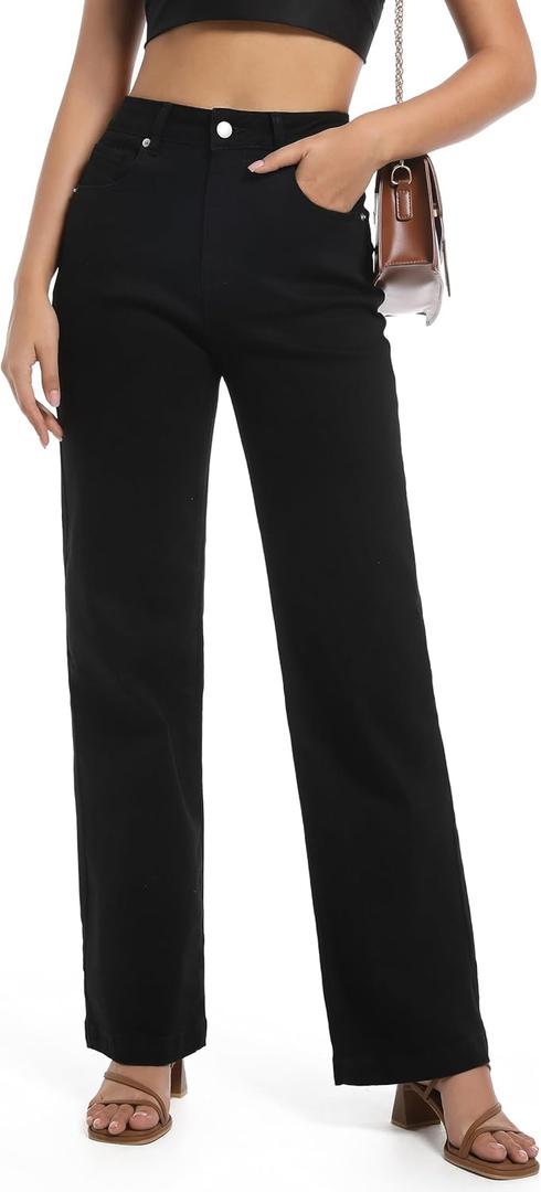 Women's Jeans High Waisted Straight Leg Stretchy Jeans Trendy Wide Leg Tummy Control Loose Casual Denim Pants (8, Black)