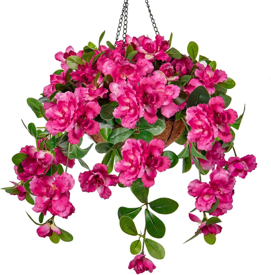 Briful Fake Hanging Flowers with Basket, Hot Pink Artificial Azalea Hanging Silk Basket Flowers Outdoor Faux Flowers for Home Garden Patio Porch Balcony Yard Decor