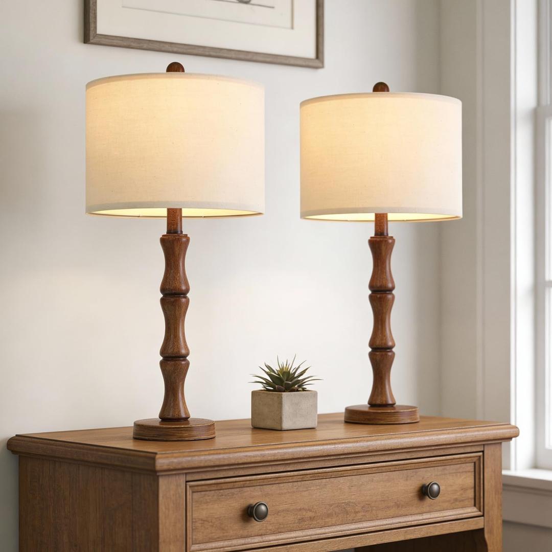 BOBOMOMO 25" Rustic Table Lamps Set of 2, Farmhouse Nightstand Lamps with Wood Grain Resin Base & Linen Shade, Standard Table Lamps for Bedroom, Living Room, End Table & House Dcor (MEDIUM 25-Light Walnut Color)