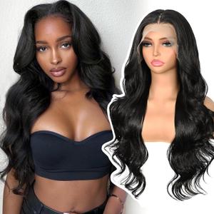 Synthetic Lace Front Wig 13x4 Pre Plucked 1B Black Wigs for Black Women Body Wave Long Wavy 150% Density Natural Heat Resistant Hair Daily Use 26 Inch