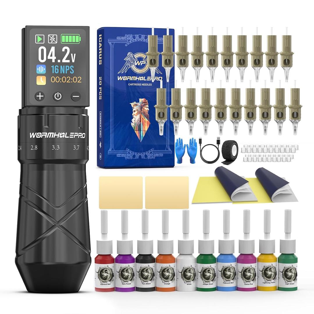 WORMHOLE PRO Tattoo Gun Auriga Tattoo Kit with Coreless Motor, 2,300 mAh Capacity Battery, 5 Adjustable Stroke, Normal/Jump-Start/Dot Working Mode, Wireless Tattoo Machine Kit for Artists (WTK301)