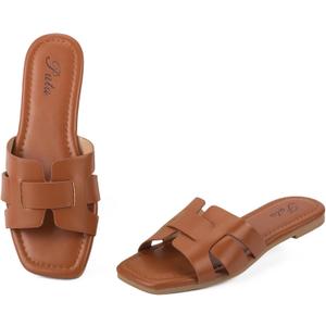 Putu Women's Flat Sandals Dressy Summer Sandals Strappy Slides with Square Open Toe (5.5, Brown)