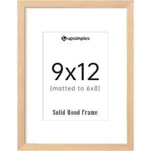 upsimples 9x12 Frame, Natural Solid Wooden Picture Frames, Display 6x8 with Mat or 9 x 12 Without Mat, Wall or Tabletop, 1 Pack, Natural