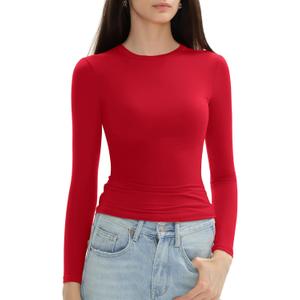 Women's Long Sleeve Shirts Crew Neck Slim Fit Going Out Tops Basic Tees Barely There Collection (Chili)
