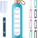 PROBTTL 32 Oz Borosilicate Glass Water Bottle with Time Marker Reminder Quotes, 1 Liter Leak Proof Reusable BPA Free Motivational Water Bottles with Silicone Sleeve and Bamboo Lid (Sky Blue)