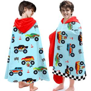 Hooded Towels for Kids -Monster Toddler Beach Towel- Super Absorbent & Quick Dry 100% Cotton 30x50 Inch - to Kid Ages 3-10-Truck Cars Swim Towels