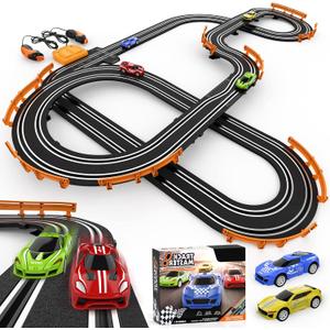 Slot Car Race Track Sets with 4 High-Speed Racing Car, Battery or Electric Race Car Track for Boys and Kids, Dual Racing Game Lap Counter Circular Overpass Track, Gifts Toys for Boys Kids Age 6 7 8-12, Large