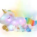 Hopearl LED Plush Unicorn Lighting Up Stuffed Mommy Unicorn with 3 Baby Unicorns in her Tummy Floppy Stuffed Animal Playset Night Lights Glow in The Dark Gifts for Kids Toddler Girls, White, 19''