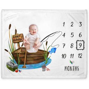 Yuzioey Fishing Baby Monthly Milestone Blanket, Gone Fishing Baby Boy Growth Chart Milestone Photo Blanket, Fishing Boat Newborn, Includes Marker (50"x40")