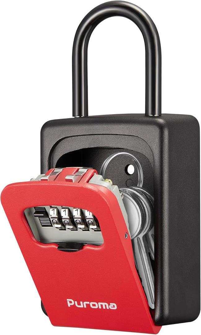 Puroma Lock Box, Large Key Lock Box Resettable Combination Code Lockbox, Portable Wall Mount Lockbox Security Safe Box for Outside Outdoor Home Office Door Handle House Key, Red (1 Pack)
