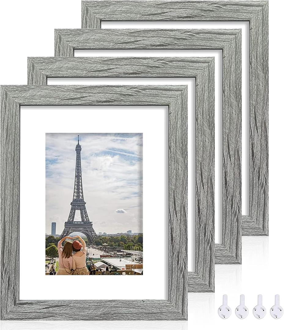 8x10 Picture Frame Set of 4, Made of Real Glass and Grey Wooden Frame, 8 by 10 Photo for Wall or Tabletop - Display Picture 5x7 with Mat or 8x10 Without Mat