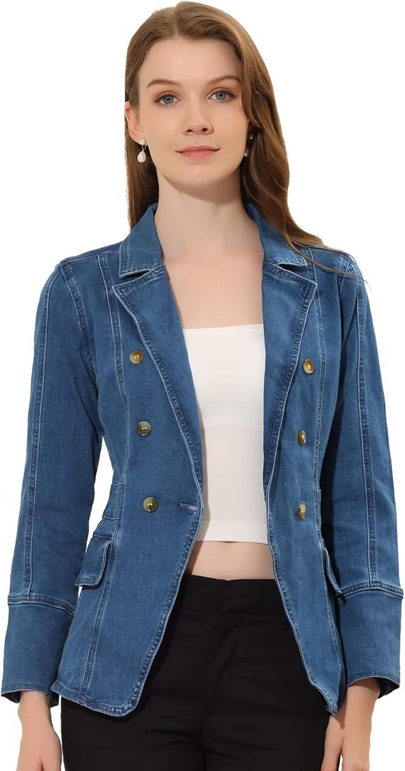 Allegra K Jean Blazer for Women's Lapel Notch Collar Long Sleeve Denim Jackets (Large)