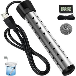 2000W Immersion Heater, Portable Electric Water Heater Fast Heating for Buckets Bathtubs, Submersible Water Heater with LCD Thermometer 304 SS Guard, 5 Gallons of Water in Minutes (Black)