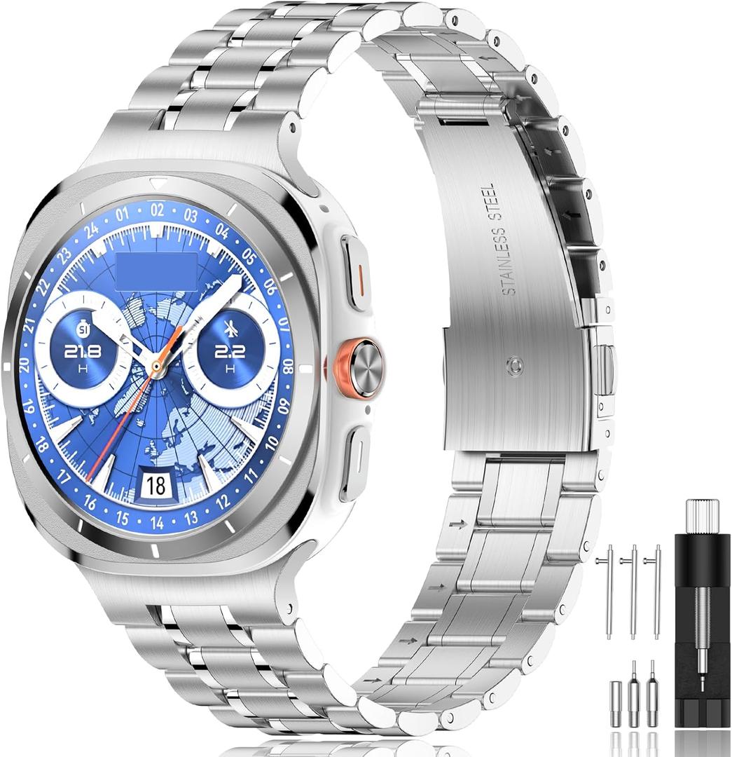 SUPLINK Stainless Steel Band Compatible with Samsung Galaxy Watch Ultra Bands Men Women, Adjustable Metal Replacement Band for Samsung Watch Ultra Bands 47mm, Silver