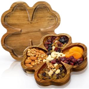AVLA 2 Pack 8 Inch Wood Serving Platter Trays, Small Acacia Wooden Snack Board, Veggie Fruit Hosting Plate Dish, Food Serving Platter for Nuts Cheese Sushi Charcuterie Dessert, 4-Leaf Clover Design