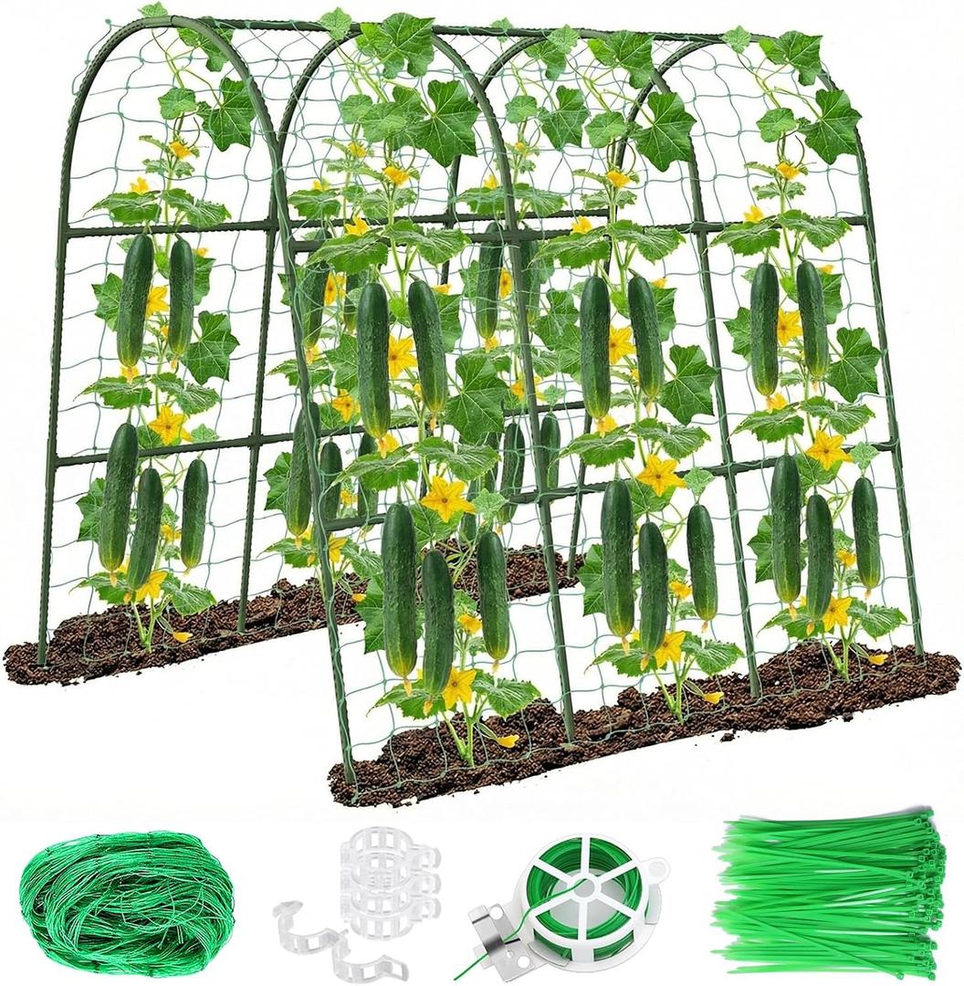 U-Shape Cucumber Trellis for Raised Bed - 47"x47"x22" Metal Garden Trellis with Net & Clips | Rust-Proof Plant Support for Cucumber, Tomato, Peas | Heavy-Duty Outdoor Climbing Plants Trellis