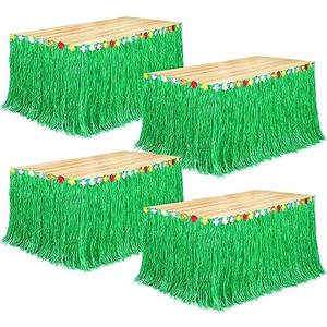 Fovths 4 Pack Luau Grass Table Skirt Natural 9 Feet x 29.5 Inch Hawaiian Table Skirt for Tropical Hawaiian Party Decorations Luau Party Costume Party, Green