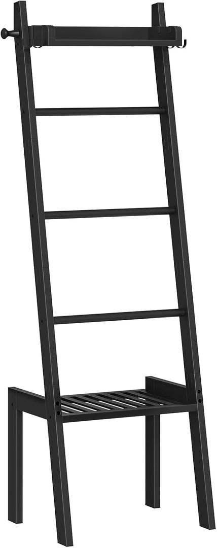 HOOBRO Blanket Ladder, 5 Tier Bamboo Ladder Shelf, Blanket Ladders for Living Room and Bedroom, Farmhouse Blanket Holder Rack for Storage and Home Decor, Decorative Towel Rack, Black BK91CJ01G1