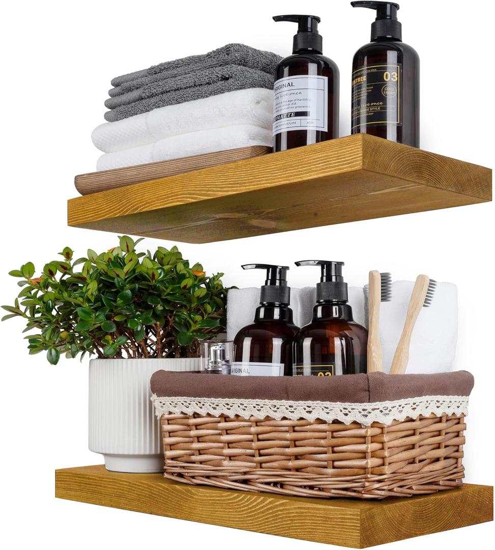 BGMG Floating Shelves for Wall 16 inch Set of 2, Rustic Wooden Wall Mount Shelves for Living Room Bedroom Kitchen Farmhouse Set of 2-16x6.7x1.25 inch- Gold Oak
