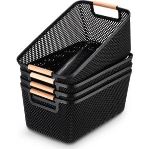Tioncy 4 Pcs Plastic Mesh Baskets with Wood Handle Woven Mesh Storage Organizer Bins Multi-function Rectangle Baskets for Home Pantries Shelves Closet Kitchens Bedrooms(12.01 x 8.03 x 5.59 Inches)