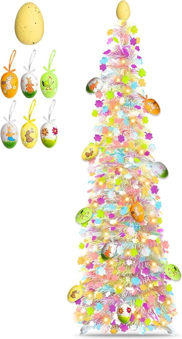 Timer - Easter Decorations, 5Ft Lighted Easter Tree with 50 LED Warm White Lights 12 Colorful Eggs Ornaments Battery Operated Easter Egg Tree Pop Up Tinsel Collapsible Tree for Home Porch Office Party