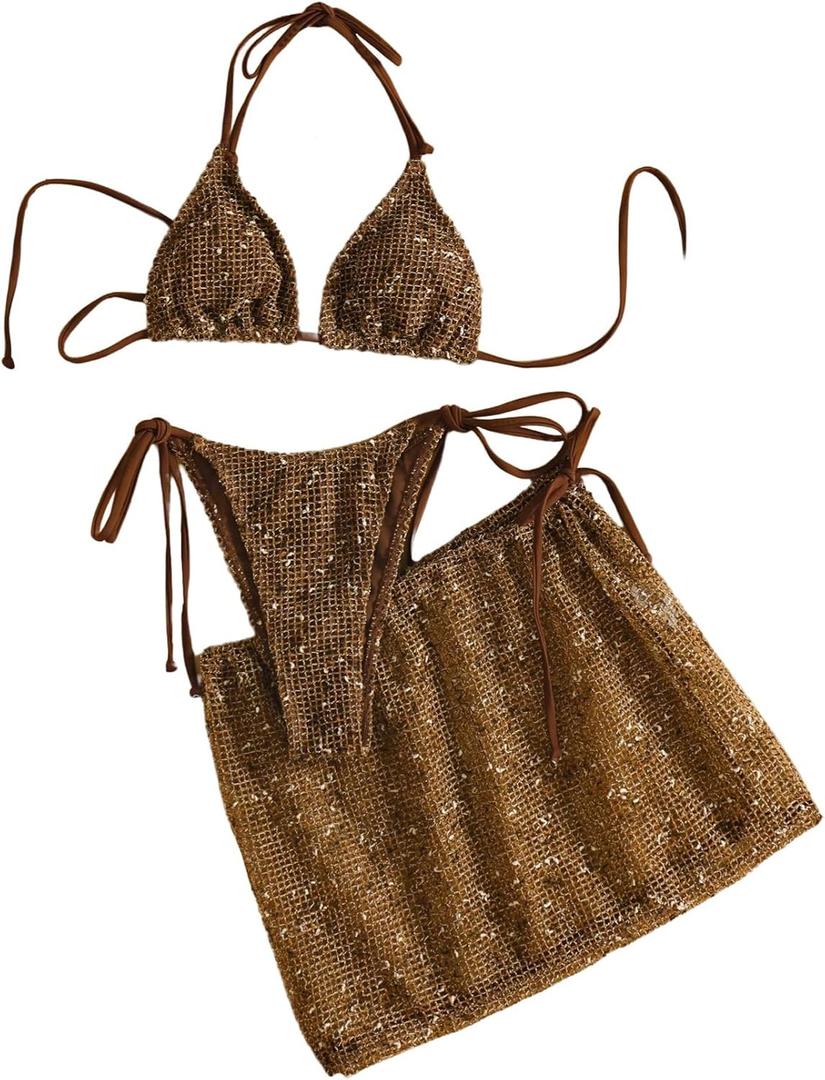 MakeMeChic Women's 3 Piece Crochet Bikini Sets with Cover Up Skirt | Summer Bathing Suit, Halter Triangle, Swimsuits (Brown, S)