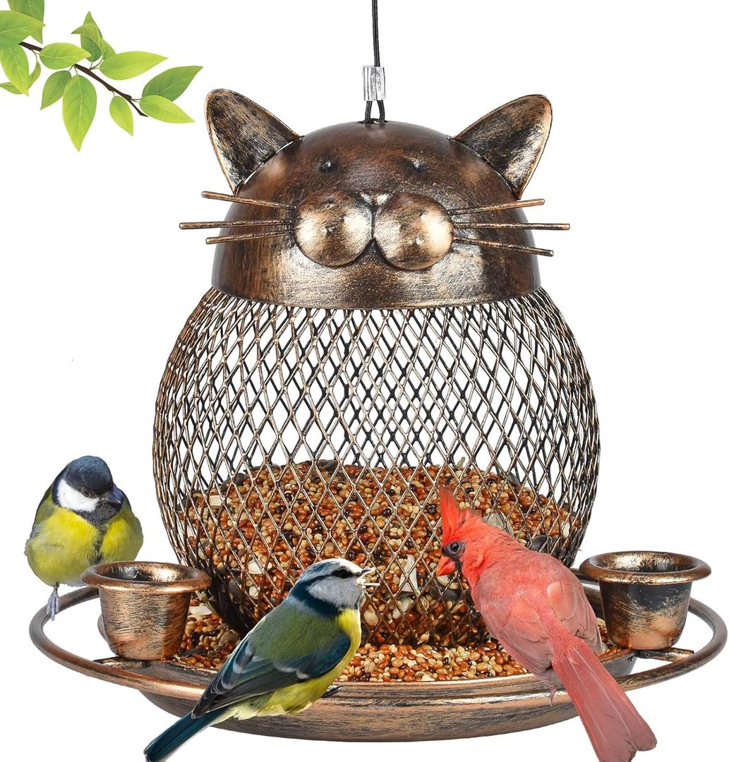 Bird Feeders for Outdoors, Heavy Duty Metal Wild Bird Feeder, Finch Bird Feeder Sparrow Birdfeeder for Garden Yard Hanging Decor -Cute Cat Bronzed