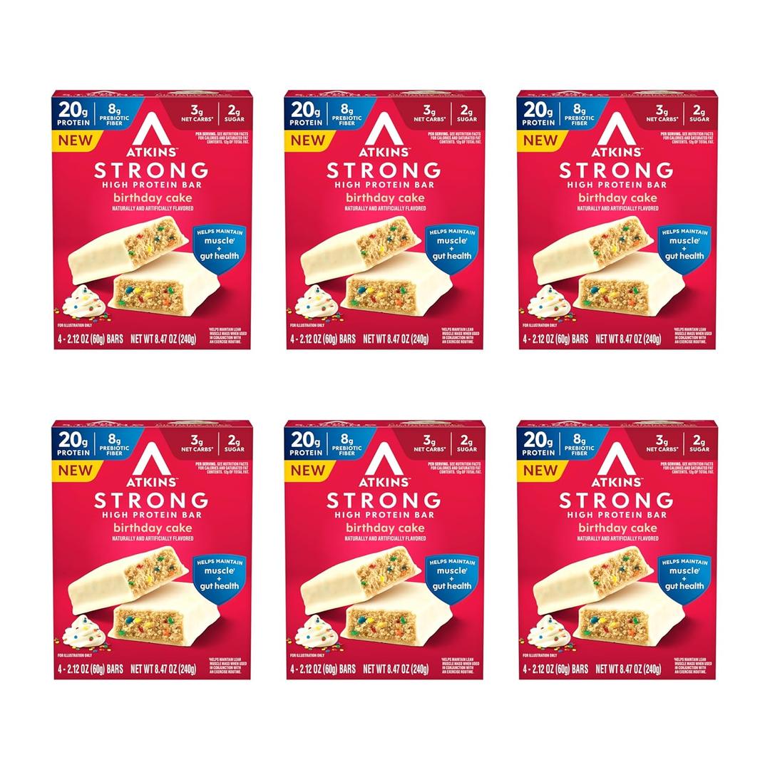 Atkins Strong Birthday Cake High Protein Bars, 20g Protein, 2g Sugar, 4 Count (Pack of 6) (EXP 06/26/26)