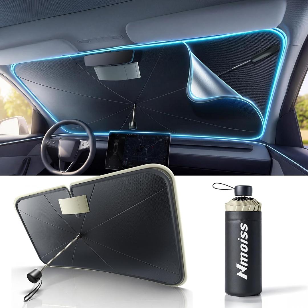 Nmoiss True Dual Layer Air Cooled Windshield Sun Shade Umbrella - [Drive to Superior Coolness & Comfort] Block 99% UV Sun Rays & Heat Damage Keep Cool and Protect Interior XS
