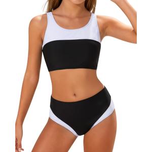 Kids4ever Girls Swimsuits Two Piece Color Block Teen Bathing Suits with Adjustable Straps Bikini Sets  (9-10 Years, Black)