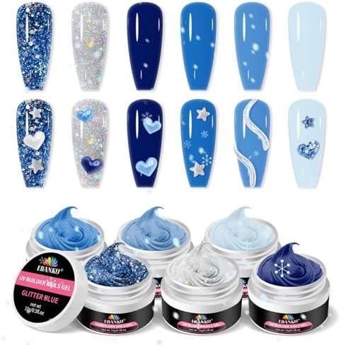 EABNKU Solid Builder Gel Kit, 5 Colors Blue Collection Glitter, Non Sticky Nail Extension & Sculpting Gel, 3D Molding, 15g*6 (3 OZ)
