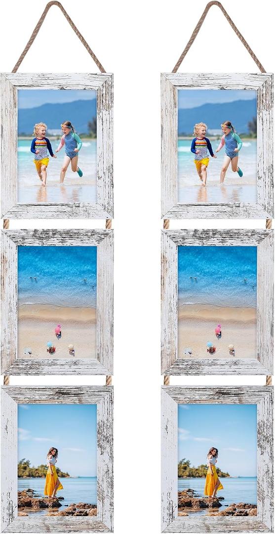 Lavezee 5x7 Collage Hanging Triple Picture Frames Set, 6 Opening Distressed White Vertical Frame Made to Display 5 by 7 Inch Photo Prints for Wall Decor