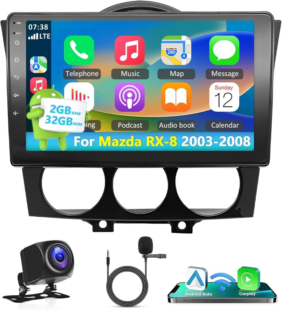 2+32G Android 13 Car Stereo for Mazda RX-8 2003-2008 with Wireless Carplay&Android Auto,9 Inch Touch Screen Car Radio Support Bluetooth FM/RDS HiFi WiFi GPS+AHD Backup Camera