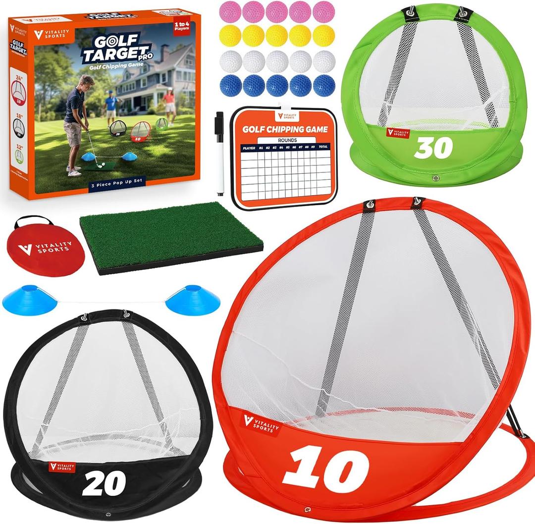 Vitality Sports Golf Chipping Net, 3PCS Pop-Up Golf Practice Net for Backyard, Indoor Outdoor Chipping Game with 3 Targets, 1 Hitting Mat, 20 Balls, Tee Box