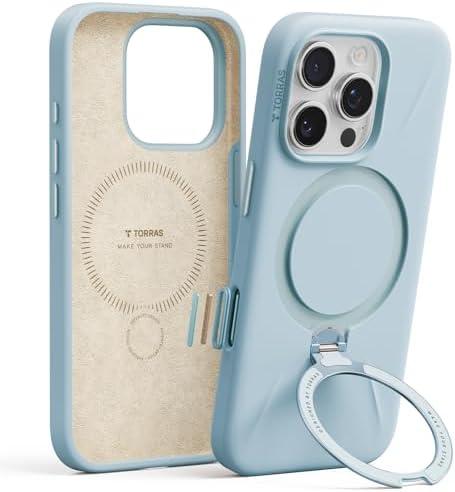 TORRAS Liquid Silicone for iPhone 16 Pro Case with 360 Spin Magnetic Stand with Camera Control, Fit for MagSafe, OStand Q3 Silicone Non-Slip Rubber Protective Case for iPhone 16 Pro, Baby Blue