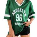 SOLY HUX Women's Jersey Shirts Letter Graphic Oversized Tees V Neck Half Sleeve Summer T Shirt Tops Green Letter Large