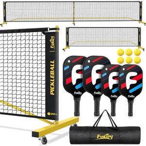 Fostoy Portable Pickleball Net Set,Pickle Ball Net with Wheels, 4 Fiberglass Paddles & 6 Pickleballs, Carry Bag, Backyard Fun for Parents & Children Driveways and Garages