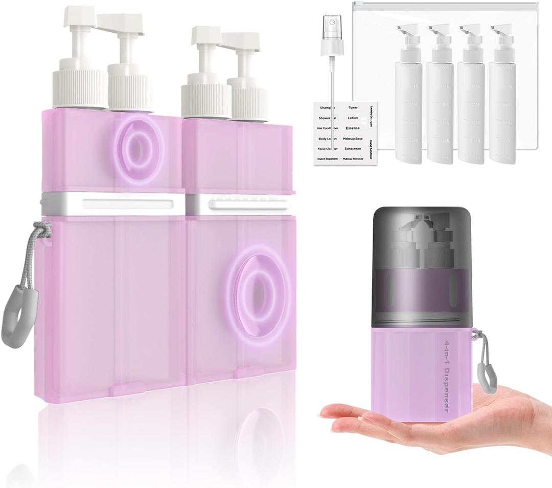 TechoEcho 4 in 1 Travel Toiletry Containers,TSA Approved Refillable Travel Size Toiletries Bottles Set with Suction Cup for Smooth Walls - for Shampoo,Conditioner,Body Wash,Lotion.(Pink)