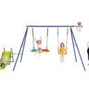 Costzon Swing Sets for Backyard, 4-in-1 Heavy Duty Large Metal Swing Frame w/2 Adjustable Swings, Slide, Basketball Hoop, Play Equipment for Indoor Outdoor Gift Kids 3-12 Years Old
