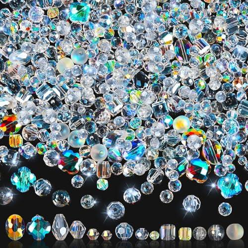 636Pcs Glass Beads for Jewelry Making, Assorted Crystal Beads with Loose Beads for Bracelet Earring Necklace Suncatchers DIY Crafts Jewelry Making Valentine's Day Birthday Gift, AB Color