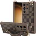 OOK Compatible with Samsung Galaxy S23 Ultra Checkered Case with Wrist Strap, Cute Brown Checkered Checkerboard TPU Shockproof Protection Slim Cover with Camera Protection for Women Girls, for 6.8inch