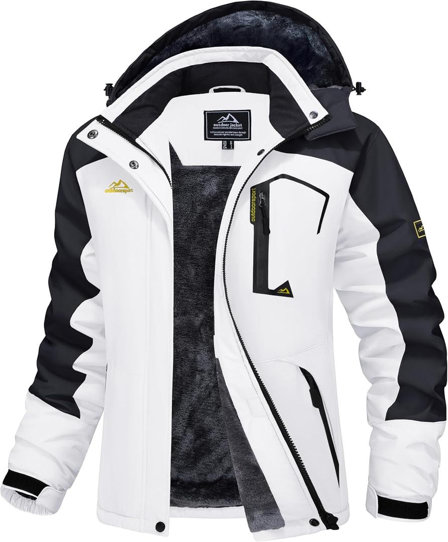 MAGCOMSEN Womens Ski Jacket Waterproof Insulated Snow Jacket Warm Windproof Winter Coats with Hood Fleece Lined Jacket (XX-Large, White Black)