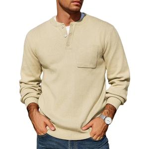 COOFANDY Men's Henley Knit Sweater Long Sleeve Soft Pullover Shirt with Chest Pocket (Beige, M)