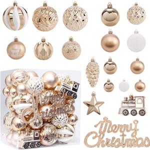 65Pcs Christmas Balls Ornaments Set - Champagne Shatterproof Xmas Tree Ball Decorations with Hanging Loop for Wreath Holiday Home Decor, 4 Sizes