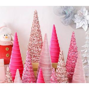 Ireer 12 Pcs Christmas Velvet Trees Set Various Size Velvet Cone Modern Decorations Indoor Table Tree Centerpiece Minimalist Xmas Holiday Winter Home Decor(Pink)
