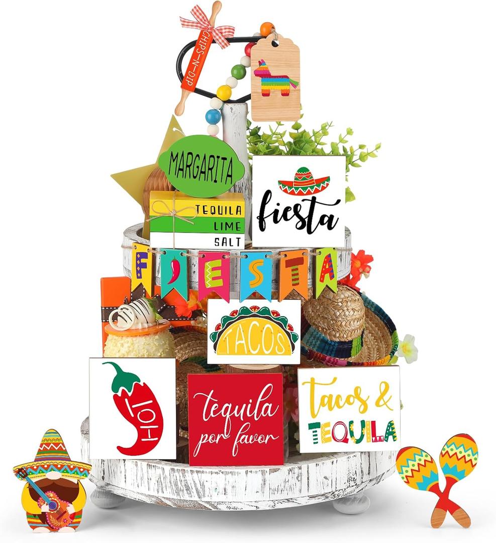 Tatuo 16 Pcs Cinco De Mayo Tiered Tray Decor Set, Mexican Wooden Fiesta Signs - Taco, Sombrero, Rainbow Donkey, Farmhouse Style Table Decor for Home Kitchen Summer Party Holiday Shelf